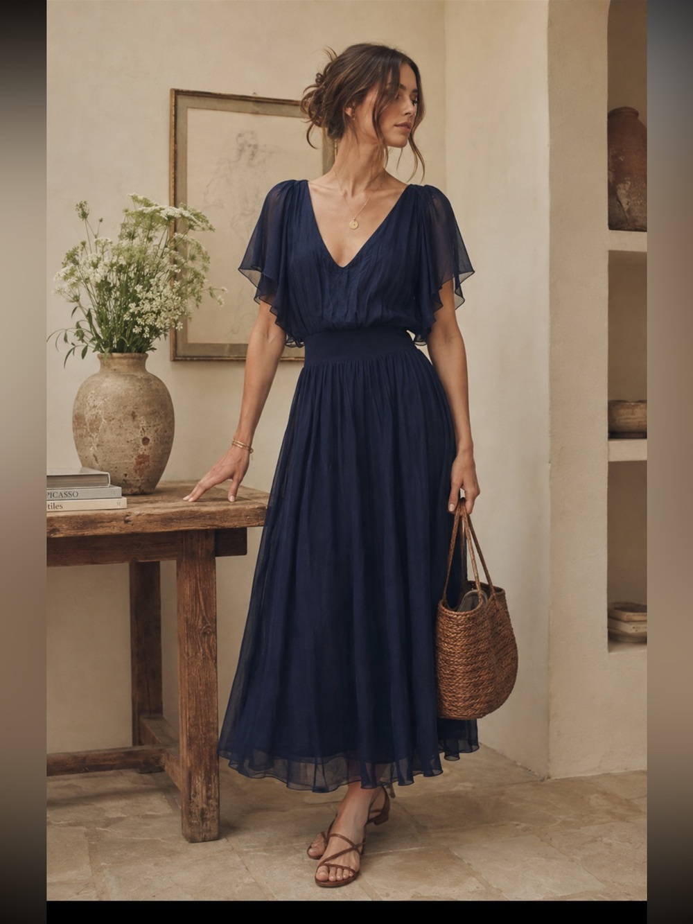 GIUSY Made in Italy  Navy V-Neck Silk Blend Flutter Sleeve Maxi Dress(NWT)